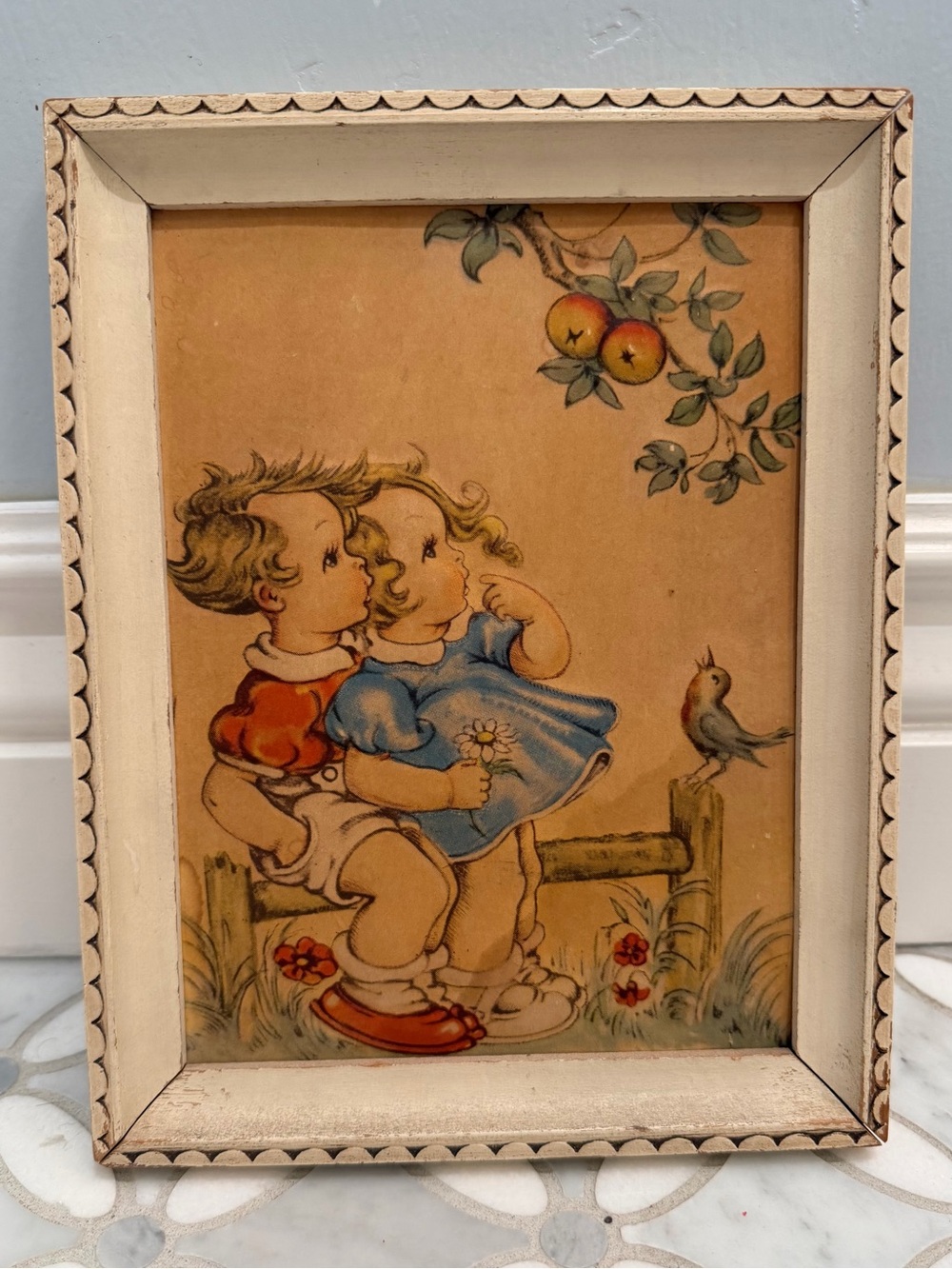 Vintage Mid Century Hummel-Style Framed Print: Children Songbird Flowers Fruit